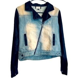 FIFTYSTREET Zip-up Distressed Denim Jacket Faux Leather With Pockets | Size M
